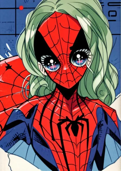 a close up of a cartoon spider - man with green hair