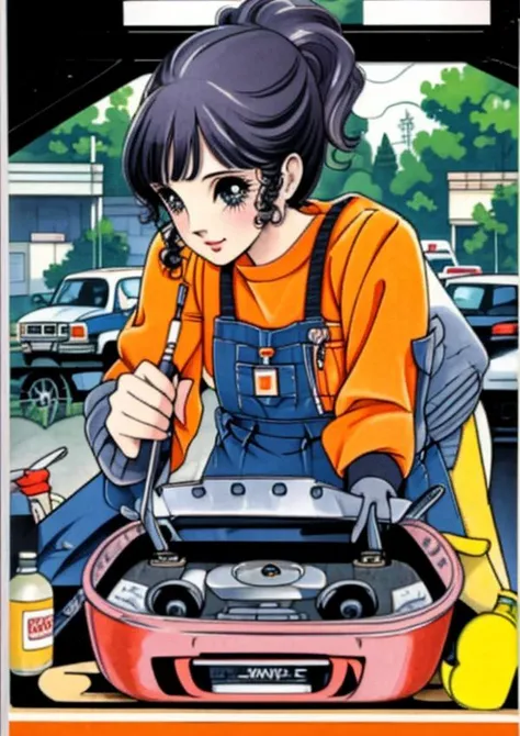 a picture of a woman in overalls is cooking a pan