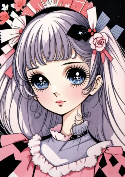 a close up of a cartoon girl with long hair and a pink dress