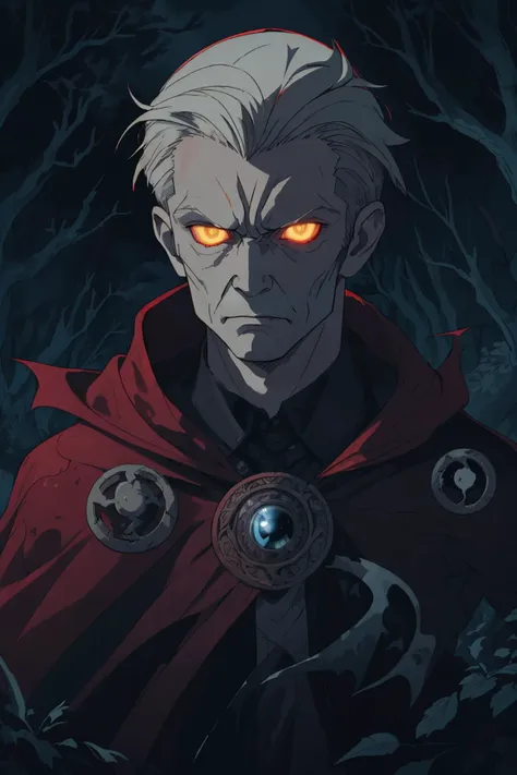 a man with red eyes and a red cape stands in front of a dark forest