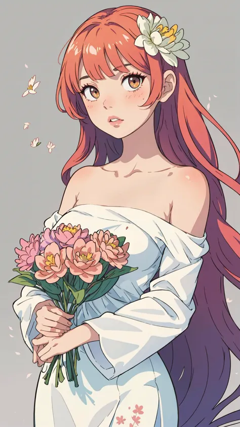 a woman in a white dress holding a bouquet of flowers