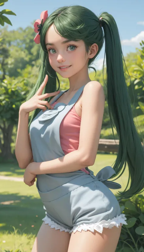 a woman with green hair and a pink top posing in a park