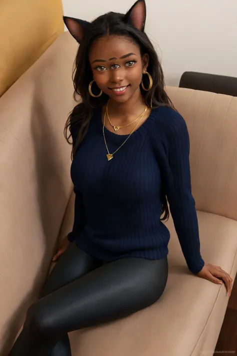 teenage girl, front view, threeeyesinarow, sitting, looking at viewer, 
dark skin, (busty:1.1), (curvy:1.1), smile, happy, cat ears, 
BREAK
dark blue sweater, black leggings, tight clothing, gold necklace, covered nipples, (earrings:0.8), braless,
couch, l...