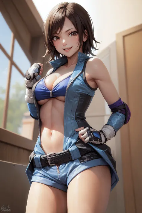 (masterpiece, best quality:1.2), <lyco:tekken_asukakazama-10:1.0>, cowboy shot, solo, 1girl, kazama asuka, smile, looking at viewer, jumpsuit, unzipped, short shorts, elbow pads, (fingerless gloves:1.1), clothes around waist, navel, cleavage