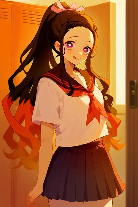 anime girl with long hair and a bow in a school uniform