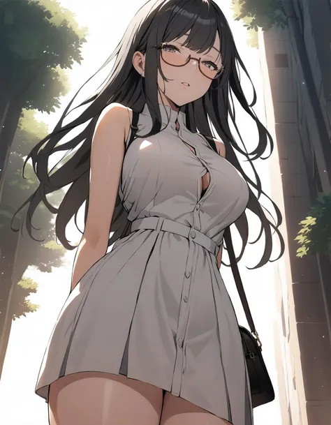 1girl, solo, sexy detailed face, <lora:yuri(sdxl):0.4>, yuri, long hair, black hair, bangs, large breasts, thighs, glasses, eyebrows visible through hair, semi-rimless eyewear, dress, sleeveless dress, button gap, bag, shoulder bag, arms behind back, half ...