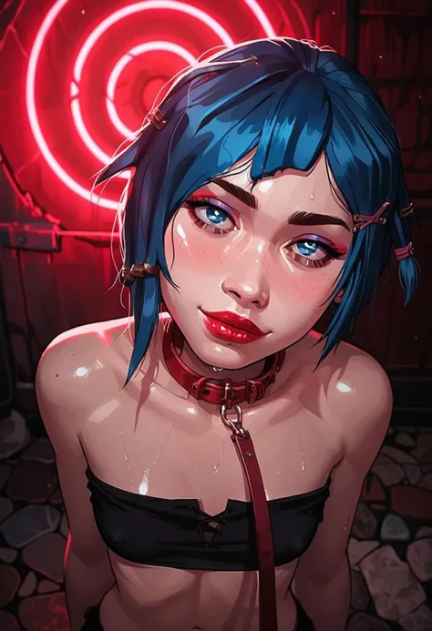 a woman with blue hair and piercings standing in front of a neon sign