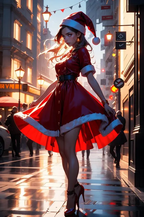 Ultra-realistic capture,  Highly detailed, . Skin texture must be natural, Take a photo wearing a Santa Claus costume, Red dress and hat,  wearing red dress, Upper arms exposed,  full body