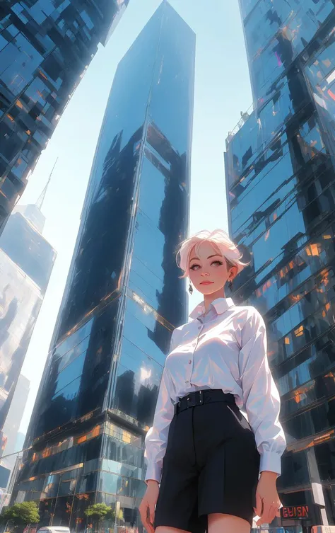 A dynamic Long Shot of 60yo woman (Mina Bøyum:1.3), brawny figure that weares ar watch and look at the camera, that work as  corporate asset extractor, in the backgound a overcrowded skyscrapers reaching towards the sky