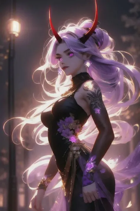 high quality. masterpiece, 8k, street, tree, road, tree canopy, upper body, face focus, 1girl, arrogant, mei, horns, long hair, (purple eyes:1.1), purple Amethyst hair, evil smile, big grin, golden red copper sliver tattoo black leggings, Amethyst laced gl...