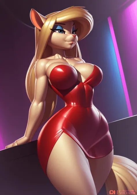 <lora:minerva-v1-novelai:1> minerva, (ultradetailed), (highest quality), naked, long hair, petite body, soft fluffy tail, medium round breasts, slim waist, round hips, closeup, blue, slinky glittering red dress, cleavage, detailed formal nightclub backgrou...