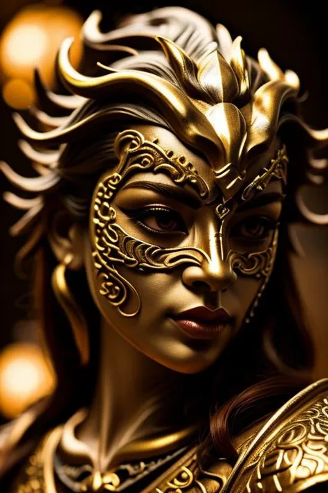 a close up of a statue of a woman with a gold mask