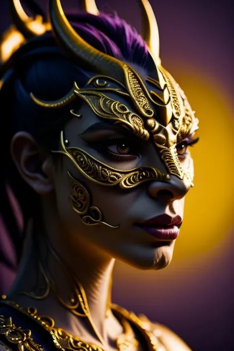 a close up of a woman wearing a mask with horns