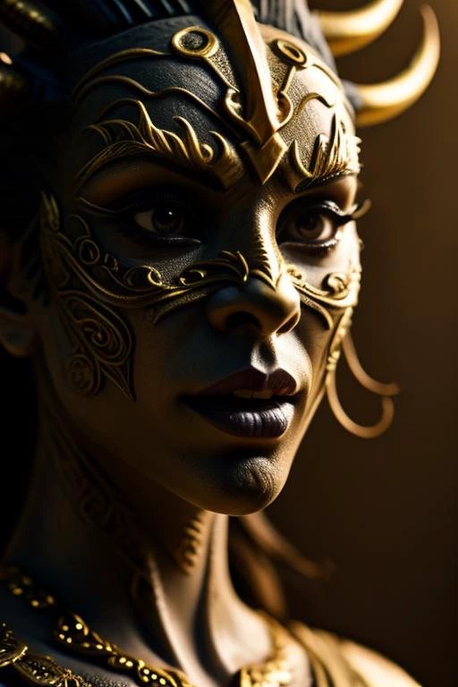 a close up of a woman with a gold face paint