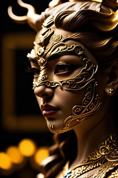 a close up of a woman with a gold mask and horns