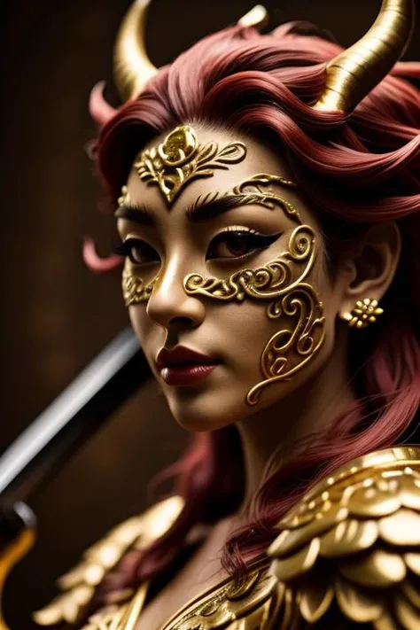 a close up of a woman with a sword and gold paint on her face