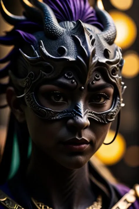 a close up of a woman wearing a mask with a dragon on it