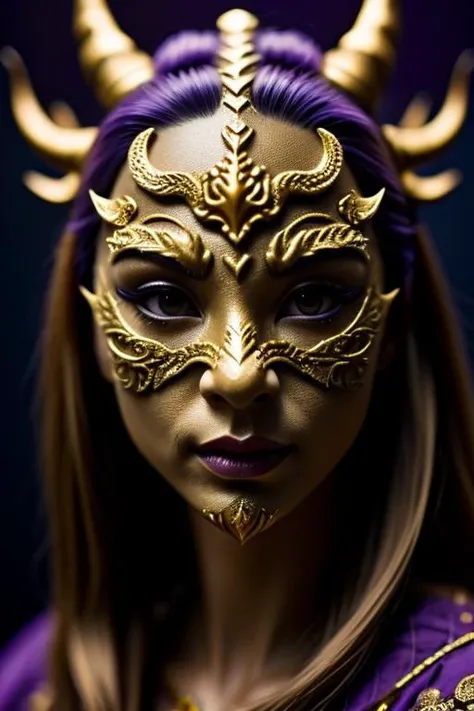 a close up of a woman wearing a gold mask with horns