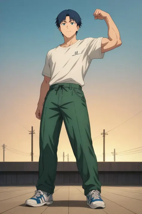 a man in green pants and white shirt standing on a roof