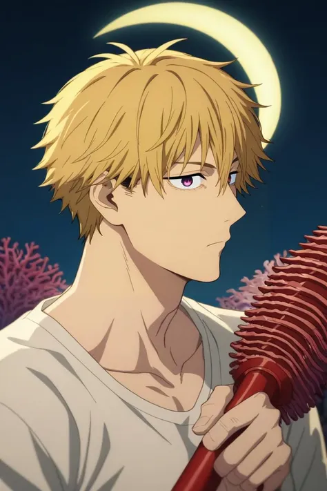 a close up of a person holding a hair brush in front of a moon