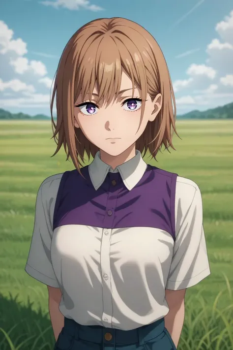 score_9, score_8_up, score_7_up, source_anime, rating_safe, , anime screencap, anime coloring, , , depth of field, 1girl, amethyst eyes, ash brown hair, two-tone vest, miniskirt, solo, symmetry, grass, day, clouds, arms behind back, sparkling eyes, <lora:c...