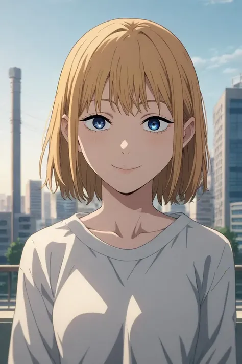 a woman with blonde hair and blue eyes standing in front of a city