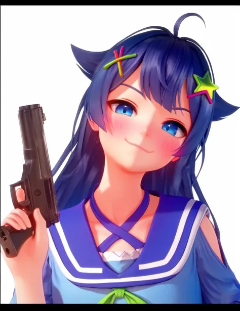 anime girl with a gun and a star on her head