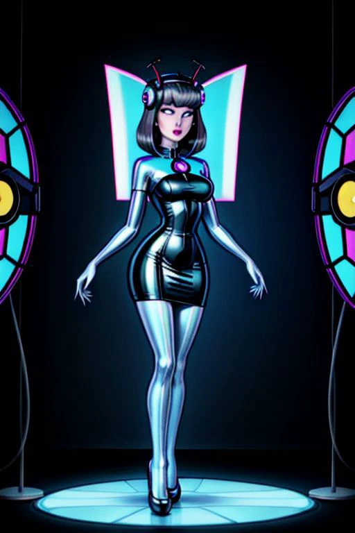 a woman in a shiny dress standing in front of a neon light