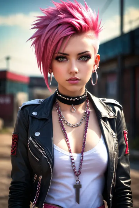 a woman with pink hair and a leather jacket posing for a picture