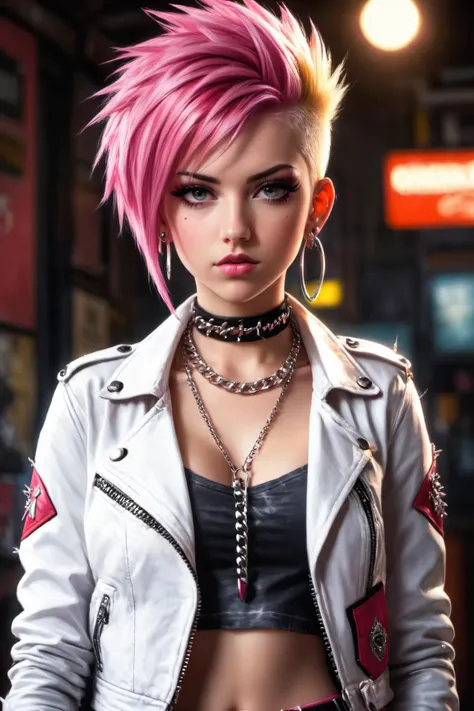 a woman with pink hair and a leather jacket posing for a picture