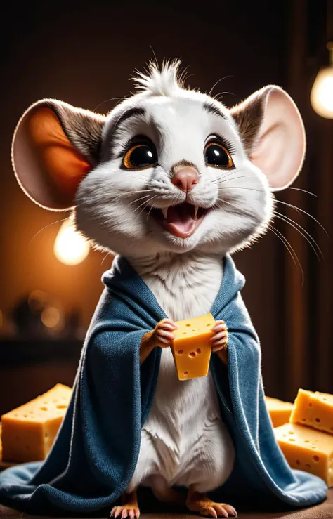 cinematic film still Mighty Mouse,cinematic reenactment,holding a large wedge of cheddar cheese above his head,flexing,smiling,fur,furry mouse,, true to life, HDR image,High detail resolution,soft eyes,natural skin,high detailed face,high detailed cloth,fi...