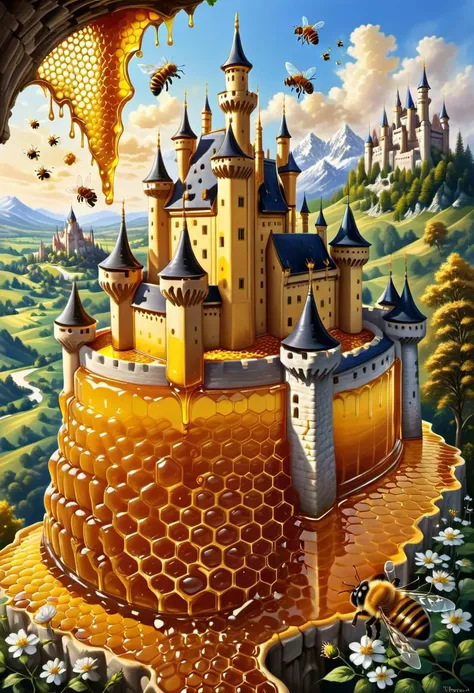 Painting by Truner of beautiful detailed realistic castle that is made with honey everywhere there are  magic bees and beehives made of dvr-honey