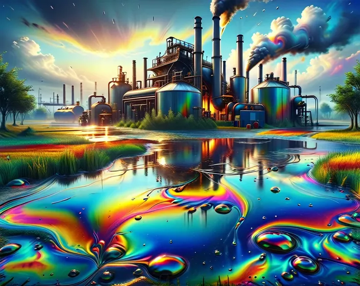 fantasy, Floodplain , factory in the background leaking oil, <lora:ral-oilspill:1> ral-oilspill 4k,, Masterpiece realistic, best high quality, perfect details, intricate details, nice lighting, detailed background,