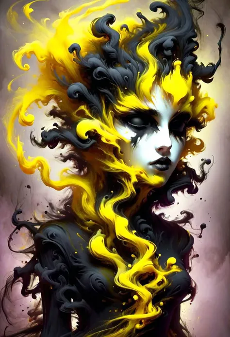 a painting of a woman with yellow hair and black makeup