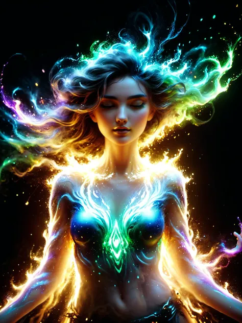 a woman with glowing hair and a body covered in fire