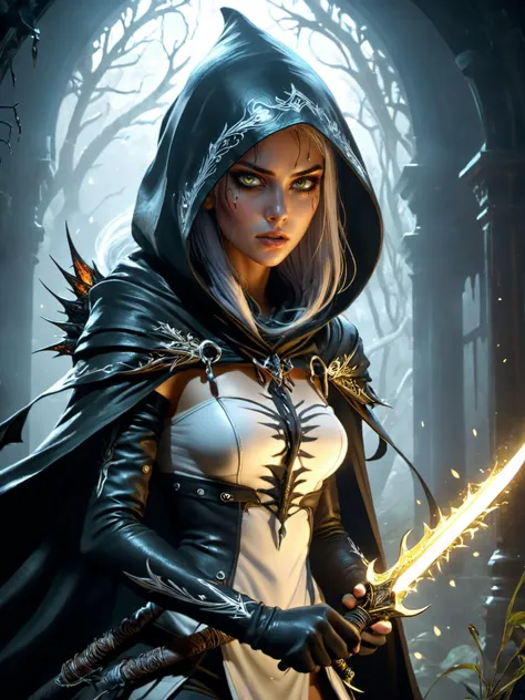 a woman in a hoodedie holding a sword in a dark forest