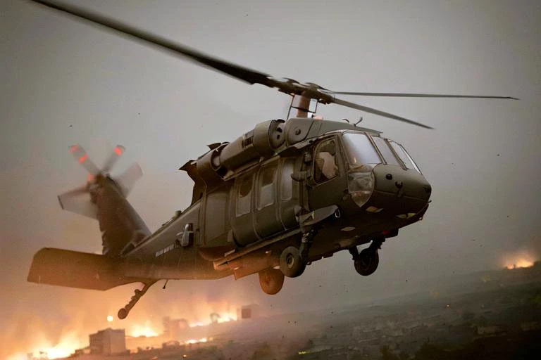 analog gloomy aerial photo of a (Black Hawk helicopter, <lora:bl4ckh4wk:1>), ((nighttime)), (flying over Mogadishu (on fire) at night), (explosions on the ground), barricades, tracer gunfire, tracer gunfire, High Detail, Sharp focus, (photorealism), realis...