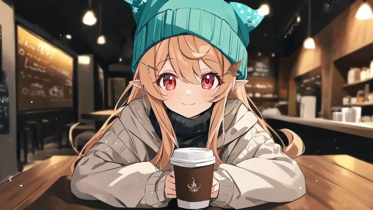 <lora:Pomu_Rainpuff_SDXL:1>, pomu rainpuff, beanie, sweater, in a coffee shop, sitting at a table, holding a coffee, smile, looking at viewer