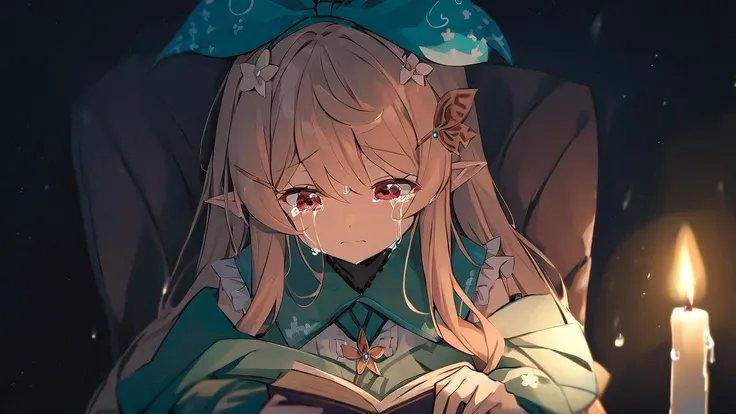 <lora:Pomu_Rainpuff_SDXL:1>, pomu rainpuff, sitting in an armchair, looking down at a book, crying, tears running down her cheeks, at night, candle light