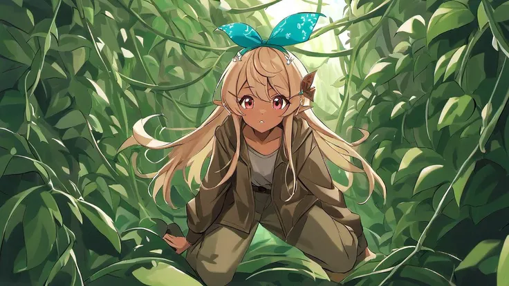 <lora:Pomu_Rainpuff_SDXL:1>, pomu rainpuff, brown fedora, tan shirt, khaki pants, a brown bomber jacket, work boots,  in a jungle filled covered in vines, determined look on her face