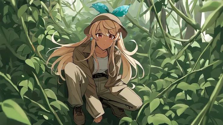 <lora:Pomu_Rainpuff_SDXL:1>, pomu rainpuff, brown fedora, tan shirt, khaki pants, a brown bomber jacket, work boots,  in a jungle filled covered in vines, determined look on her face