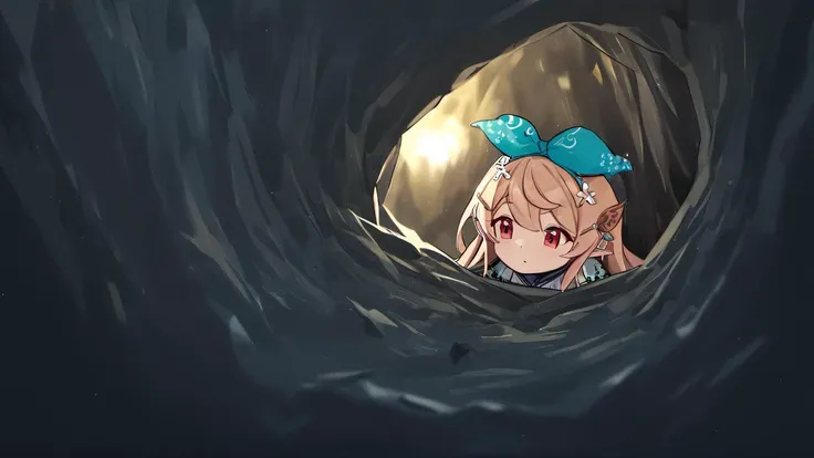 <lora:Pomu_Rainpuff_SDXL:1>, pomu rainpuff, miner helmet, looking down into a dark cave