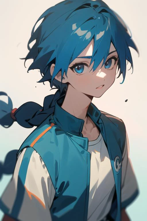 masterpiece, best quality, high quality, 1boy, solo, male focus, looking at viewer, upper body, <lora:aladdin_magi:0.66>, aladdin_magi, blue hair, braid, long hair, blue eyes, jewelry, , , track suit