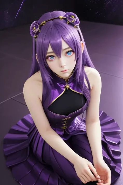 an anime girl posing on the floor is in a dress, in the style of dark purple and light gold, precise and lifelike, eerily realistic, celestialpunk, heistcore, porcelain, exaggerated facial features