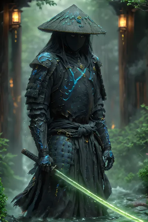 a close up of a person in a black outfit holding a sword