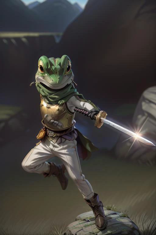 (masterpiece, best quality, highres, absurdres, ultra-detailed:1.2), <lora:Frog_CT:0.9>(1boy, anime, solo, Frog_CT,  gold breastplate, holding sword and shield, glove, white pants, white longsleeve, green cape), (broadsword, jumping attack, outdoors, green...