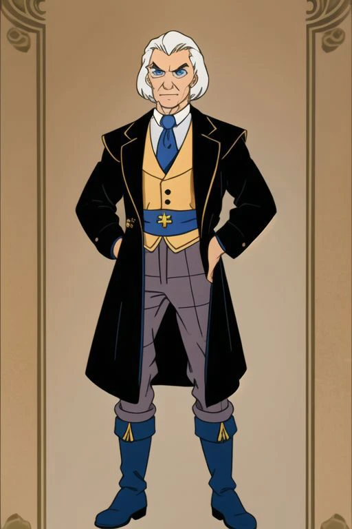 he-man,
((masterpiece, intricate details, ultra-detailed, absurdres, best quality)),
(The First Doctor), as portrayed by (William Hartnell), with (thin, whispy white hair) and (piercing blue eyes). He is wearing a (long sleeved, black velvet double-breaste...