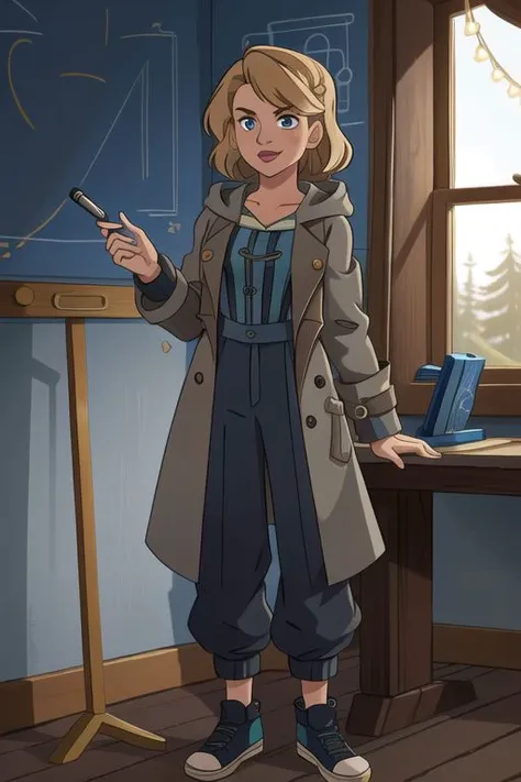 stoneocean,
((masterpiece, intricate details, ultra-detailed, absurdres, best quality)),
(The Thirteenth Doctor), as portrayed by (Jodie Whittaker), with (blonde hair with dark roots) and (hazel eyes). She is wearing a (hooded grey trenchcoat) over a (blac...