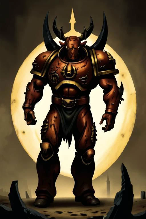 Art illustration,
tall muscular figure,
rotten flesh,
demonic theme,
space marine,
warhammer_chaos_spawn,
golden and black armor,
red eyes,
mutation,
dark fantasty,
horror,
horns,
red, black, white yellow colors,
dynamic light, 
ultra detail,
extremely det...