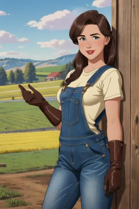 (1girl, solo, high resolution, highly detailed), cowboy shot, farmer girl, shirt, jeans, leather gloves, overalls, small breasts, blush, lipstick, smile, standing outside farm,